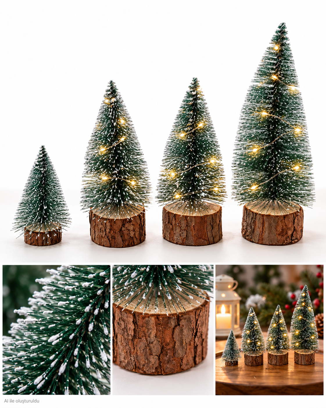 Kar Efektli Işıklı Yılbaşı Ağacı Seti (1 Adet 22cm ışıklı, 2 Adet18cm ışıklı,1 Adet 10cm ışıksız)– 4’lü Çam Ağaçları + LED Işık