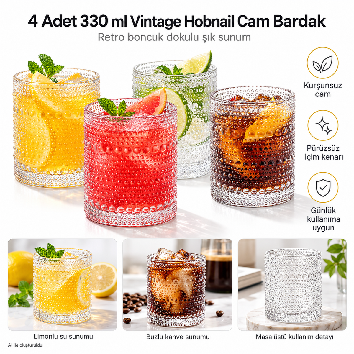 4 Adet y36 330 ml Vintage Hobnail Bardak Antika Boncuk Kabartmalı KahveViski