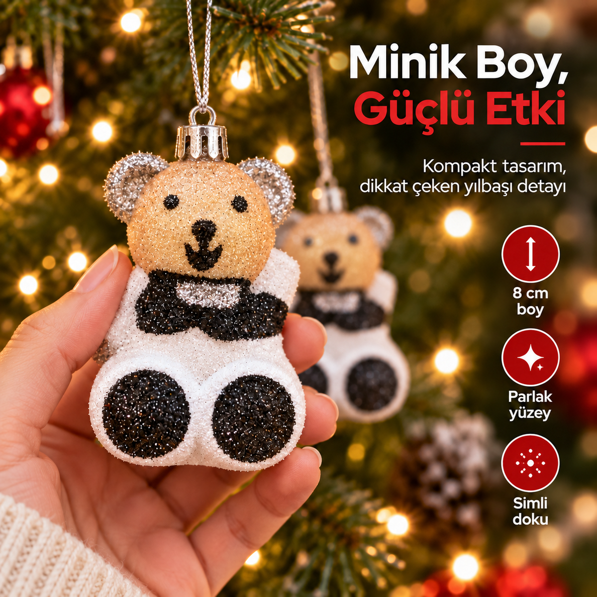 Yılbaşı Ağacı Teddy Ayı Süsü 8 cn, Şenlikli Dekor ve Kış Tatil Süsü - Ağaç, Şömine Rafı Süsü T54