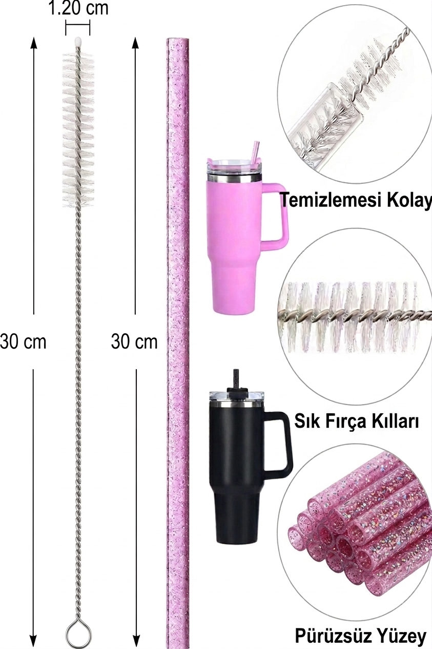 Yenigeldi 6 Adet 30cm ile Uyumlu Tritan Parıltılı Simli Pipet+ Temizleme Fırçası - 40oz Stanly Quencher Uyumlu