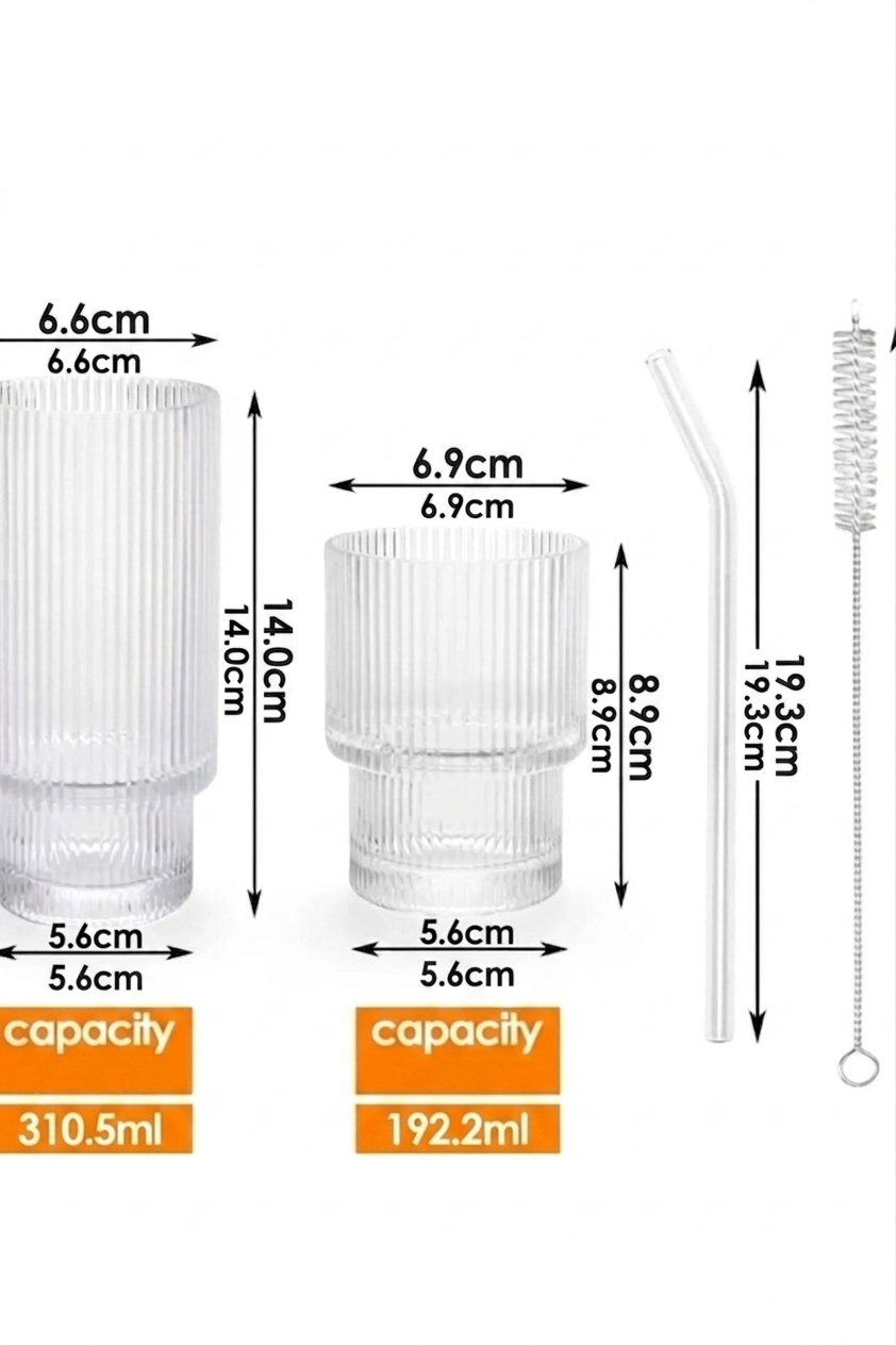 2 Adet Origami Şekilli Şeffaf Cam Bardak (1 Büyük +1 Küçük +2 Cam Pipet +1 Fırça) Buzlu Kahve, Kokteyl Barda