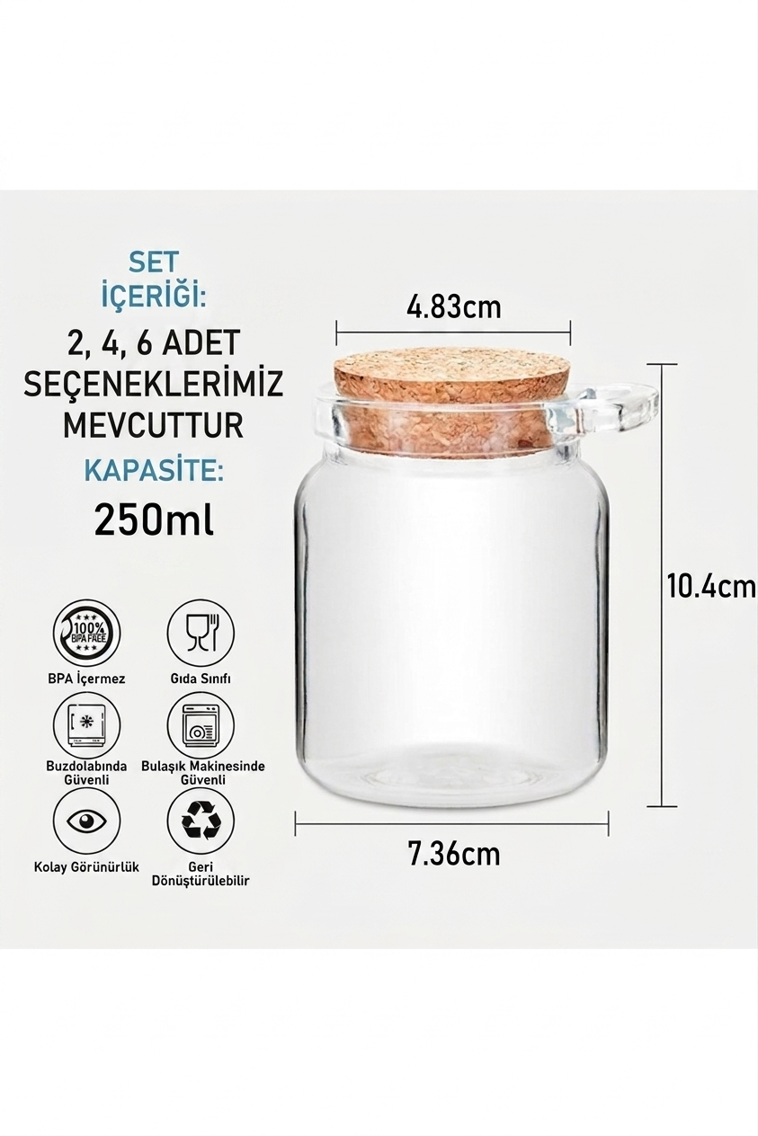 Yenigeldi  250 ml Mantar Kapaklı ve Kaşıklı Küçük Cam Saklama Kavanozları + Bal Kaşık Hediyeli