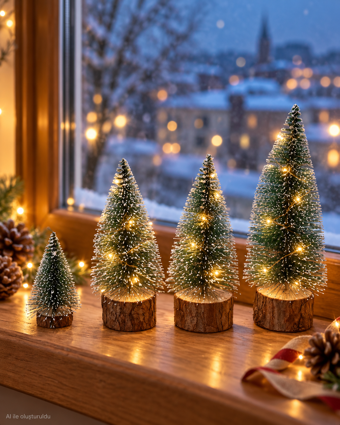 Kar Efektli Işıklı Yılbaşı Ağacı Seti (1 Adet 22cm ışıklı, 2 Adet18cm ışıklı,1 Adet 10cm ışıksız)– 4’lü Çam Ağaçları + LED Işık