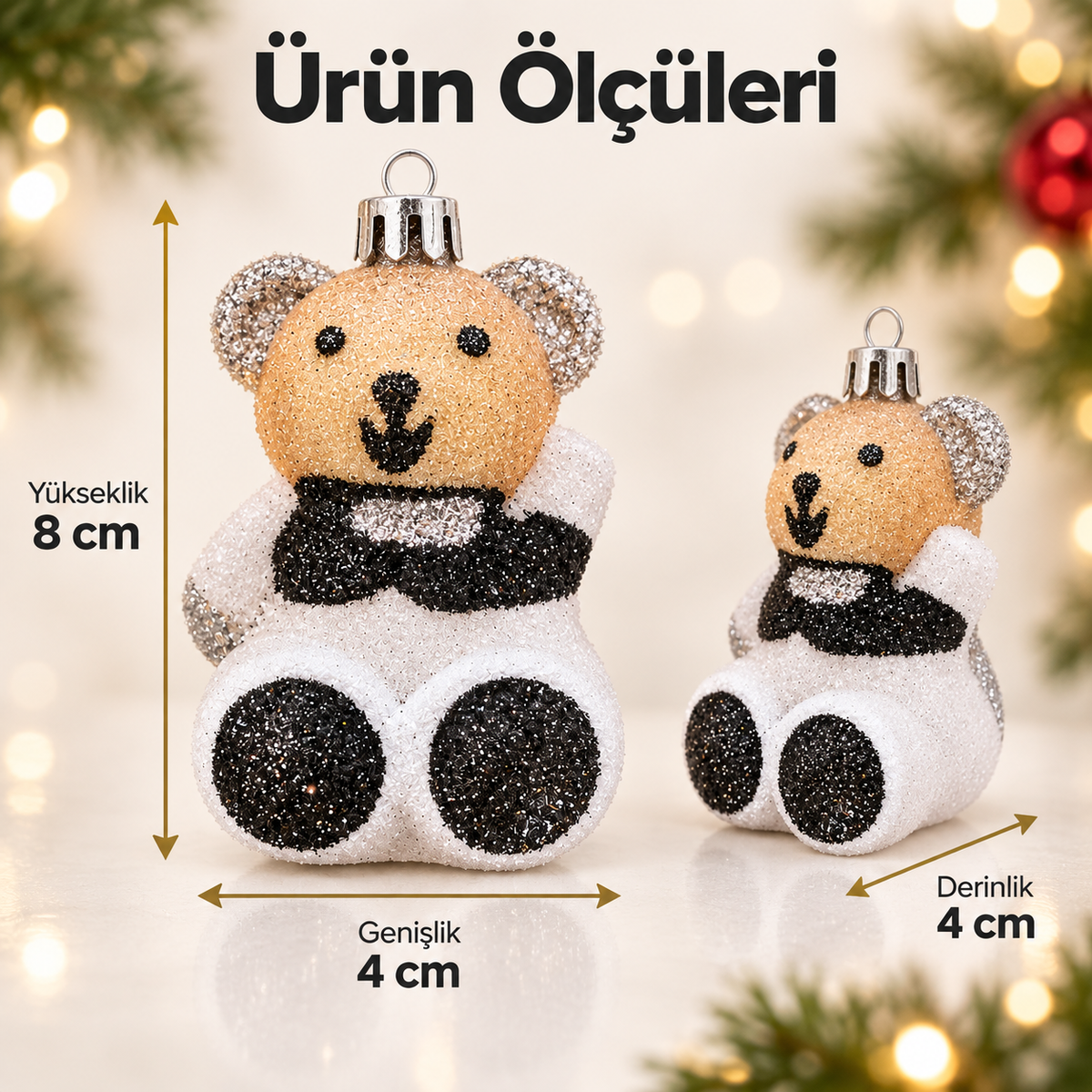 Yılbaşı Ağacı Teddy Ayı Süsü 8 cn, Şenlikli Dekor ve Kış Tatil Süsü - Ağaç, Şömine Rafı Süsü T54