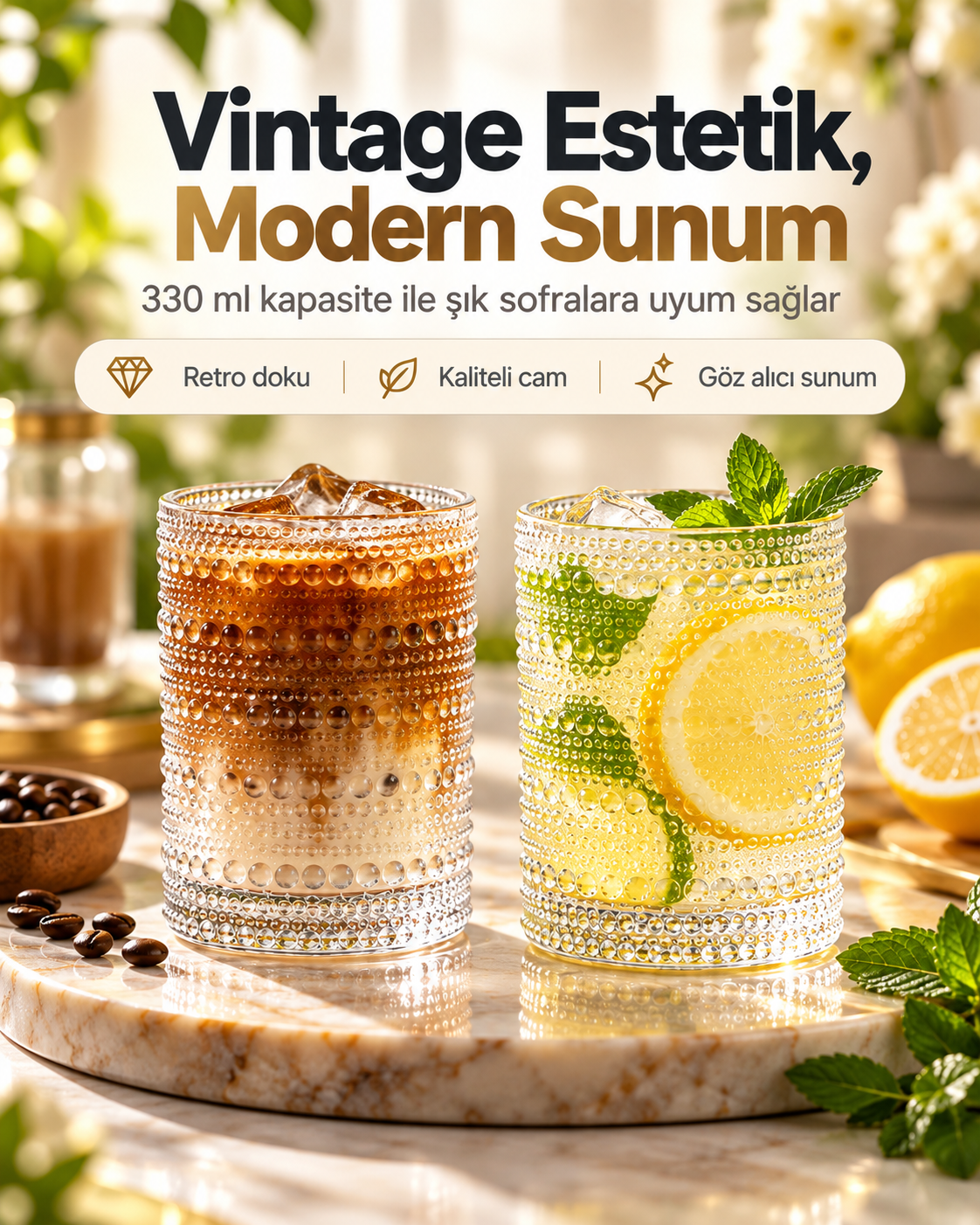 2 Adet 330ml Vintage Hobnail Bardak Antika Boncuk Kabartmalı Kahve y36