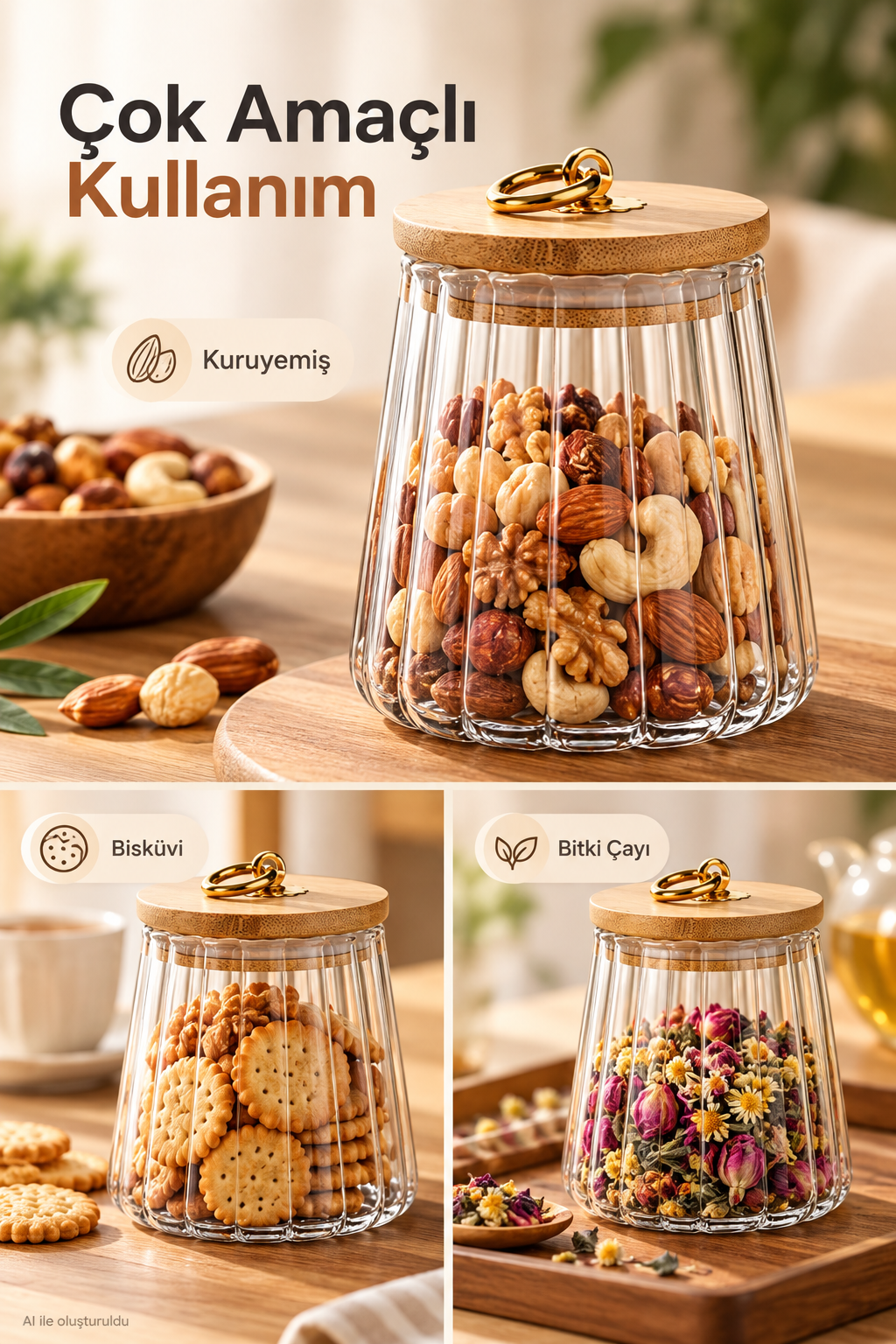 1 Adet 700ml Bambu Kapaklı ve Şeffaf Hava Geçirmez Kavanoz Kahve Şeker, Baharat