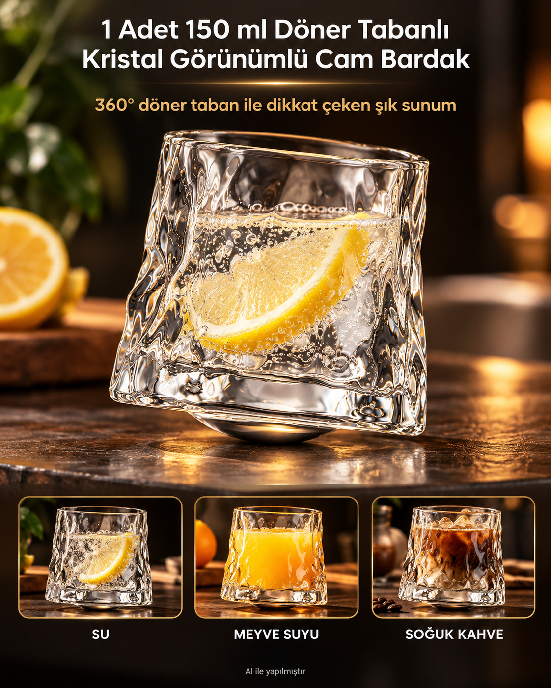 1 Adet Çevirmeli Kristal Görünümlü 360 Derece Döner Topaç Viski Bardakları