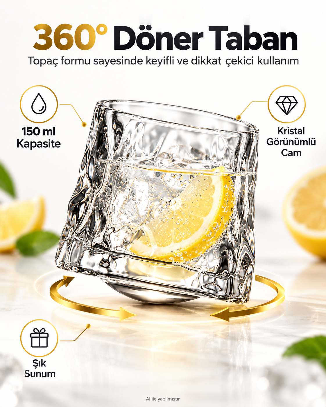 1 Adet Çevirmeli Kristal Görünümlü 360 Derece Döner Topaç Viski Bardakları