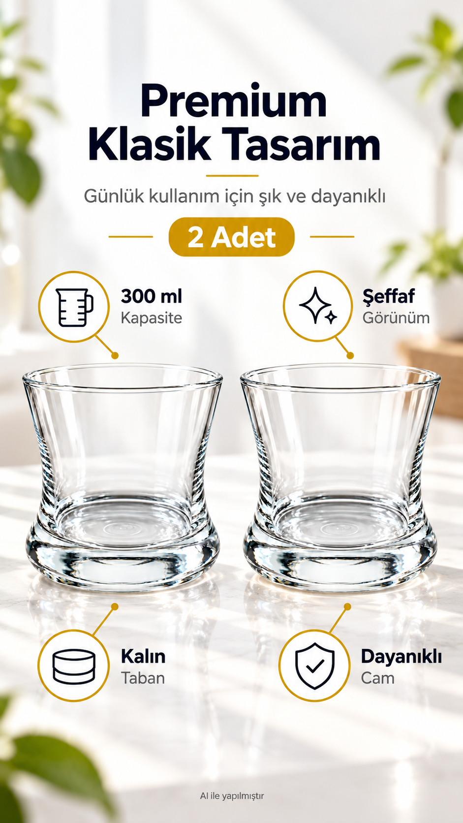 2 adet Kalın Tabanlı Şeffaf Bardak – Premium Klasik Tasarım, 300 ml Cam