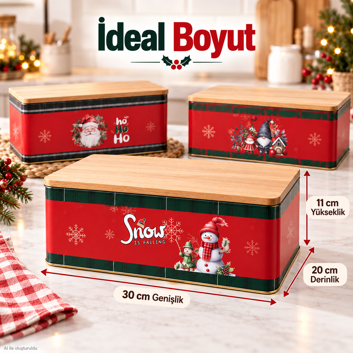 1 Adet Metal Yılbaşı Süsü Ahşap Kesme Tahtalı Ekmek Kutusu , Ölçüleri 30*20*11 Cm Çok Amaçlı Kutu