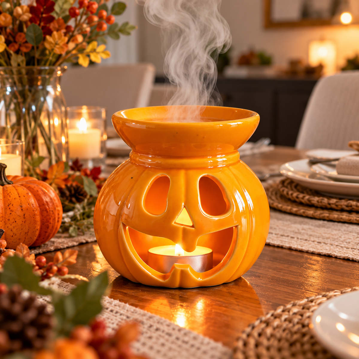 1 Adet 9,5cm x10h Halloween Balkabağı Buhurdanlık – Seramik Tealight Mumlu Koku ve Uçucu Yağ Buhurdanlığı – Bal Kabağı Mumluk, Yılbaşı ve Cadılar Bayramı Dekorasyonu