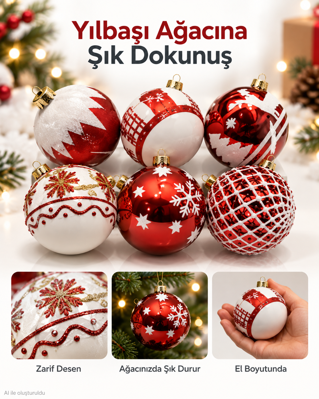 6’lı Kırmızı Beyaz Yılbaşı Ağacı Süsü Seti, Desenli Noel Topları, Dekoratif Yılbaşı Süsleri