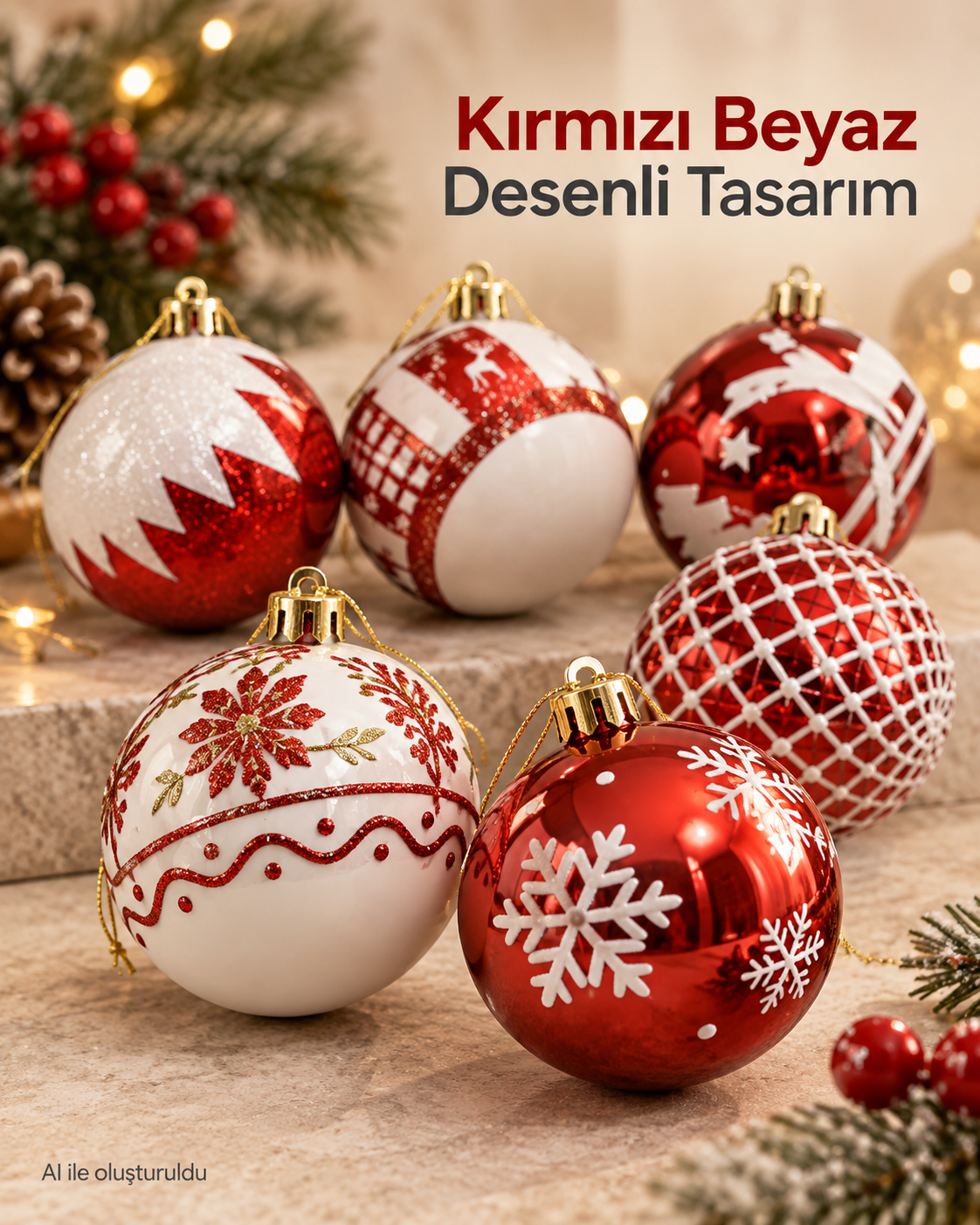 6’lı Kırmızı Beyaz Yılbaşı Ağacı Süsü Seti, Desenli Noel Topları, Dekoratif Yılbaşı Süsleri