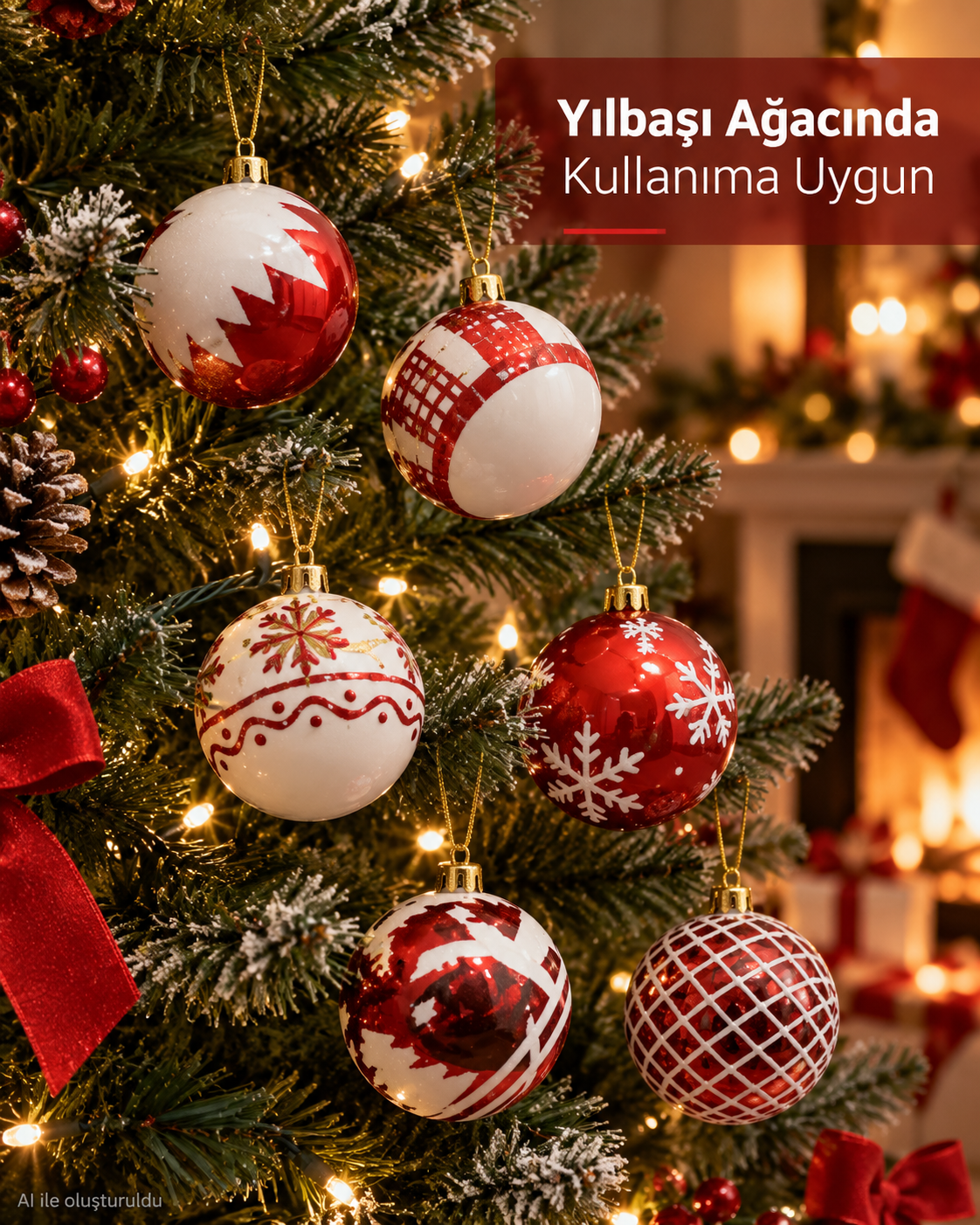 6’lı Kırmızı Beyaz Yılbaşı Ağacı Süsü Seti, Desenli Noel Topları, Dekoratif Yılbaşı Süsleri