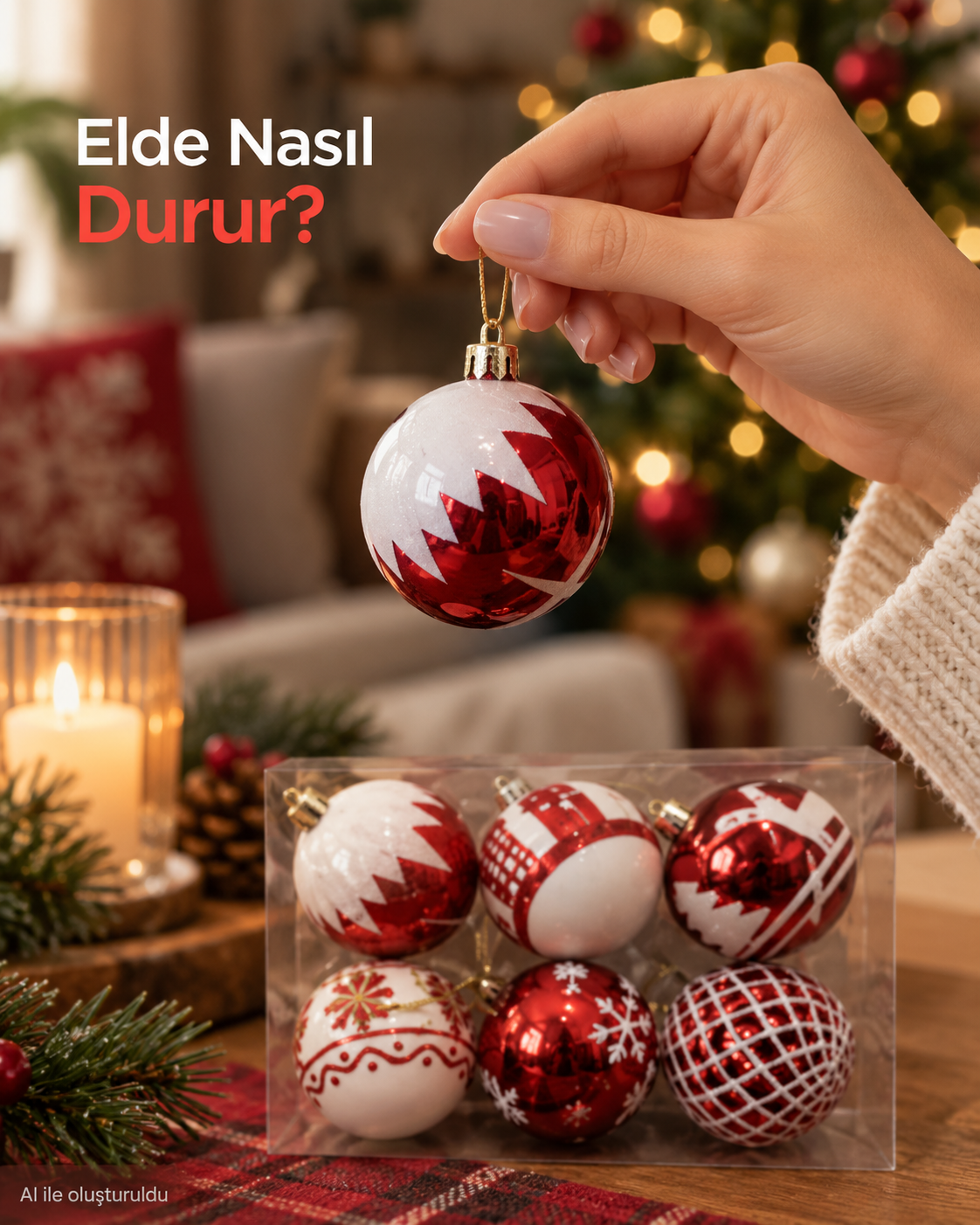 6’lı Kırmızı Beyaz Yılbaşı Ağacı Süsü Seti, Desenli Noel Topları, Dekoratif Yılbaşı Süsleri