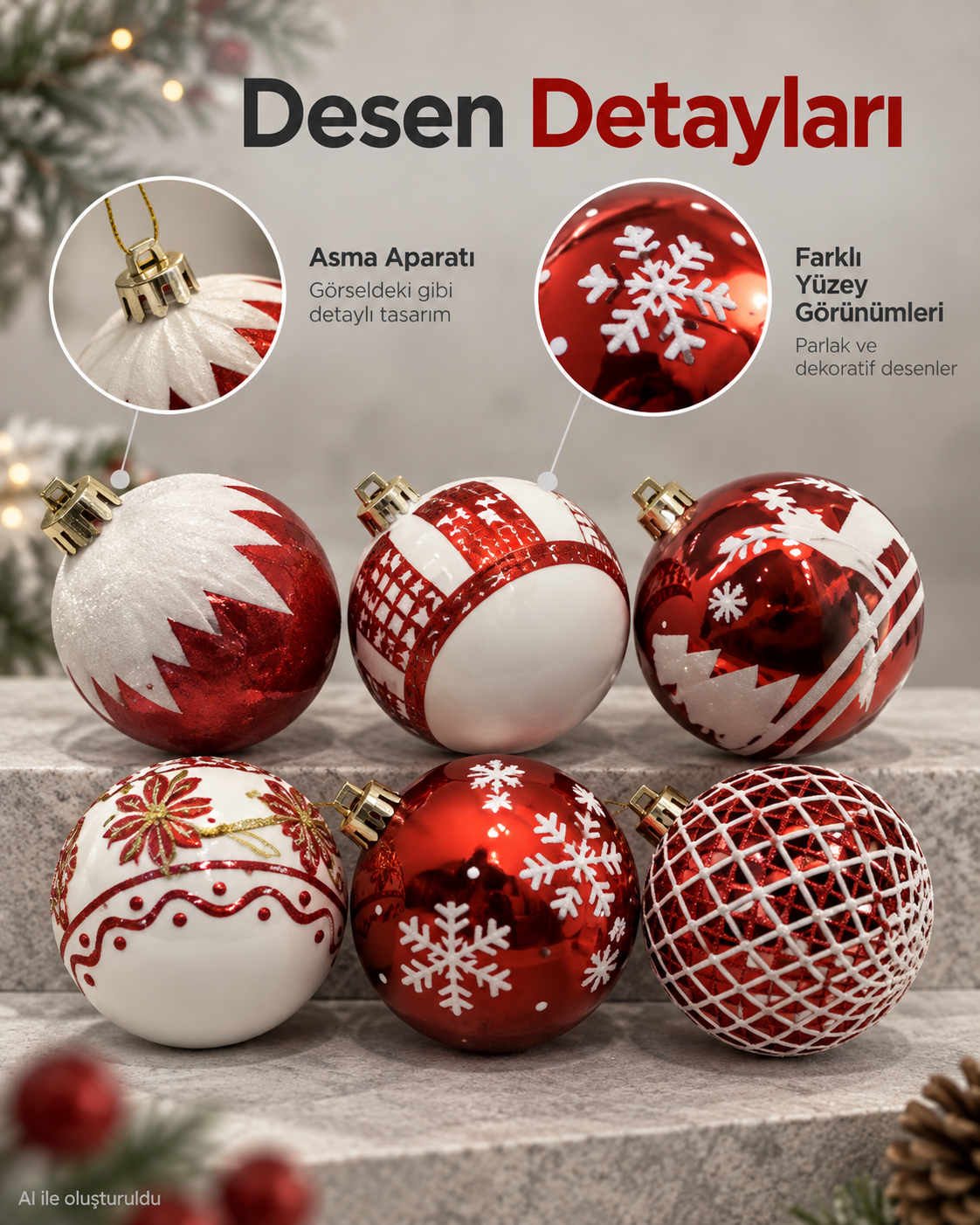 6’lı Kırmızı Beyaz Yılbaşı Ağacı Süsü Seti, Desenli Noel Topları, Dekoratif Yılbaşı Süsleri
