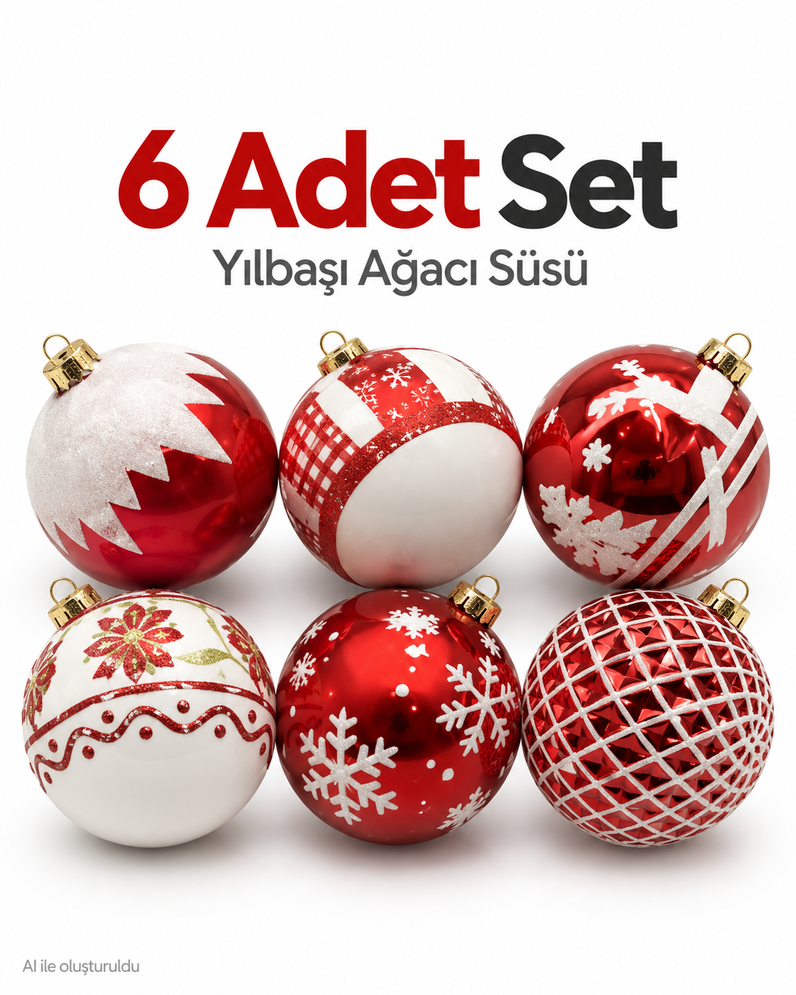 6’lı Kırmızı Beyaz Yılbaşı Ağacı Süsü Seti, Desenli Noel Topları, Dekoratif Yılbaşı Süsleri