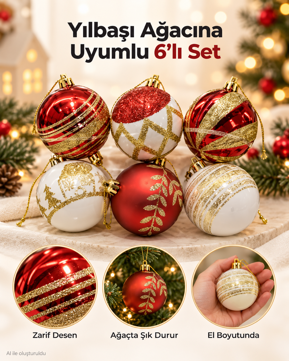 6 Adet Kırmızı Beyaz Altın Yılbaşı Ağacı Süsü – Desenli Noel Topu Seti, Dekoratif Yılbaşı Süsleri