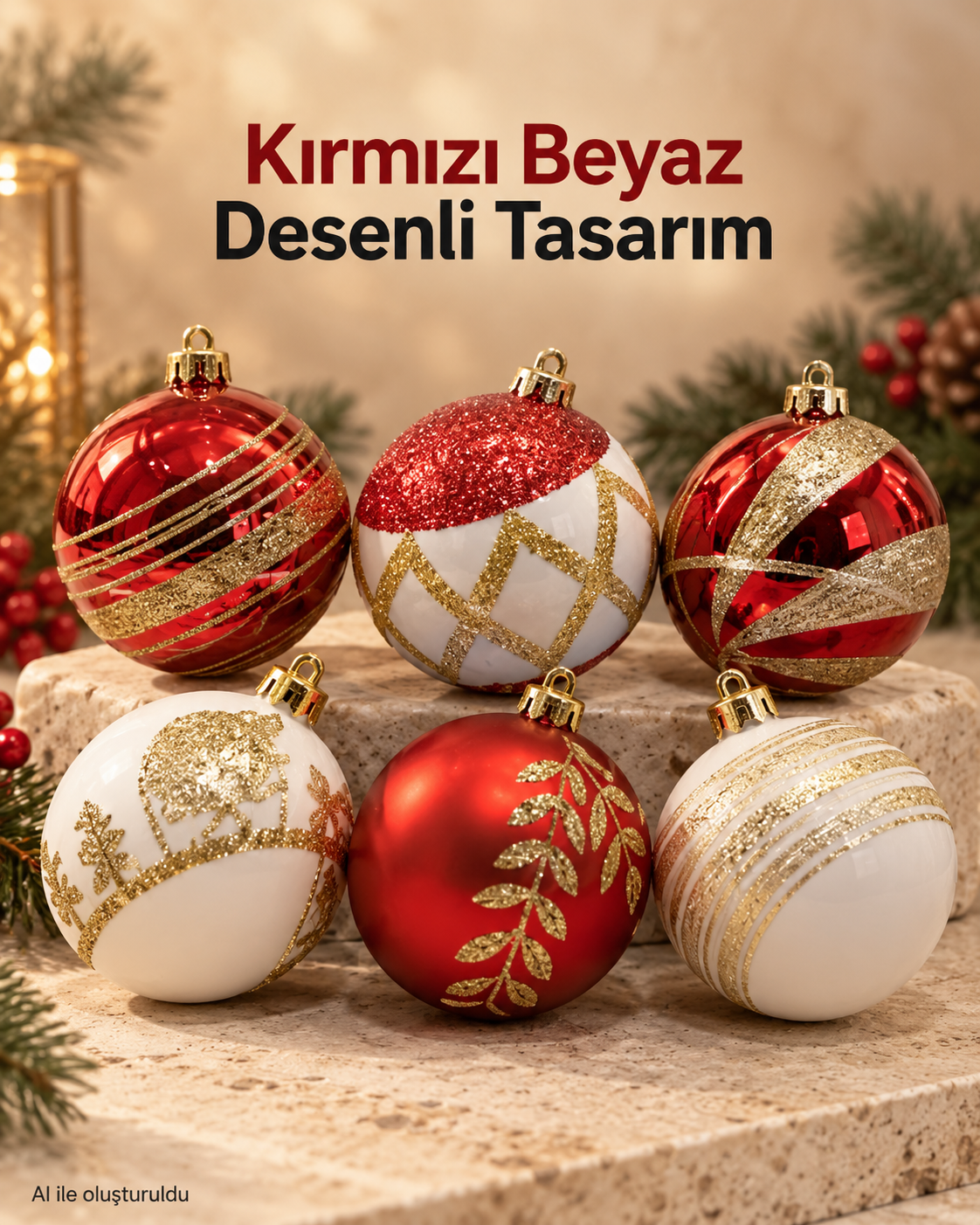 6 Adet Kırmızı Beyaz Altın Yılbaşı Ağacı Süsü – Desenli Noel Topu Seti, Dekoratif Yılbaşı Süsleri