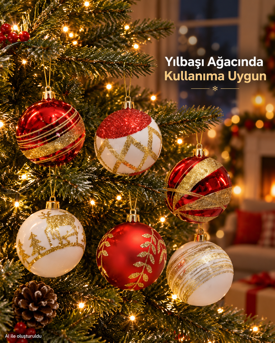 6 Adet Kırmızı Beyaz Altın Yılbaşı Ağacı Süsü – Desenli Noel Topu Seti, Dekoratif Yılbaşı Süsleri