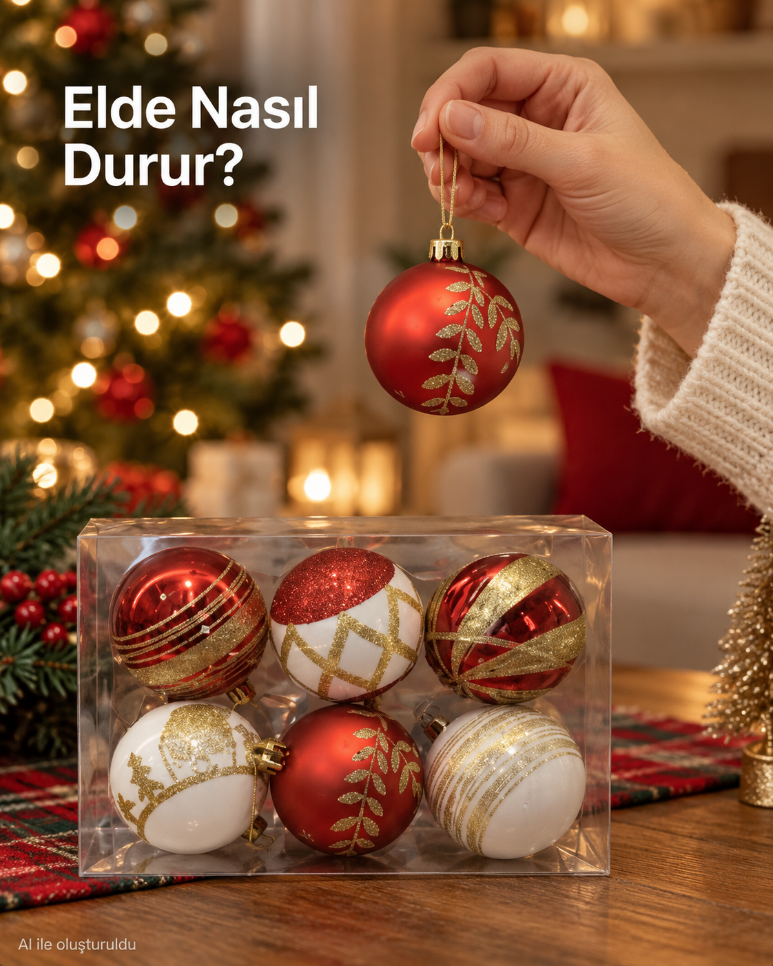 6 Adet Kırmızı Beyaz Altın Yılbaşı Ağacı Süsü – Desenli Noel Topu Seti, Dekoratif Yılbaşı Süsleri