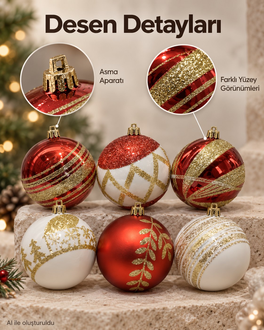 6 Adet Kırmızı Beyaz Altın Yılbaşı Ağacı Süsü – Desenli Noel Topu Seti, Dekoratif Yılbaşı Süsleri