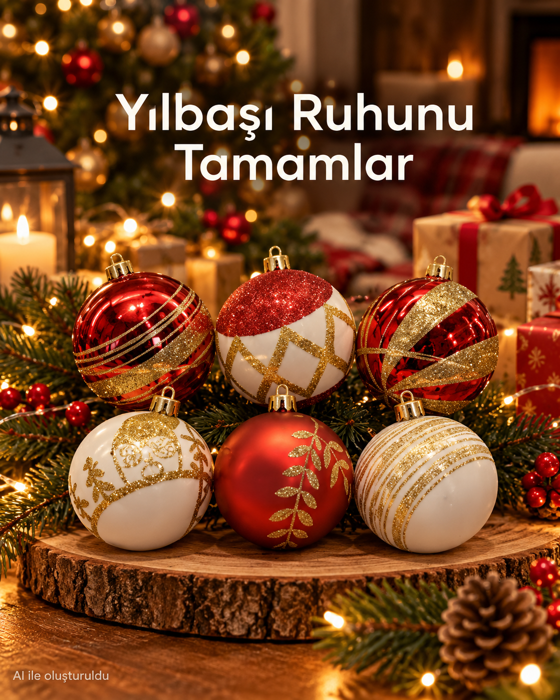 6 Adet Kırmızı Beyaz Altın Yılbaşı Ağacı Süsü – Desenli Noel Topu Seti, Dekoratif Yılbaşı Süsleri