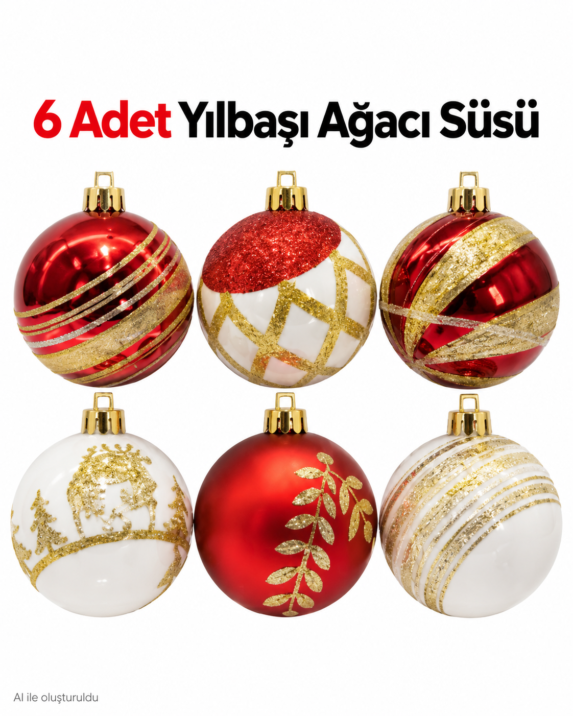 6 Adet Kırmızı Beyaz Altın Yılbaşı Ağacı Süsü – Desenli Noel Topu Seti, Dekoratif Yılbaşı Süsleri