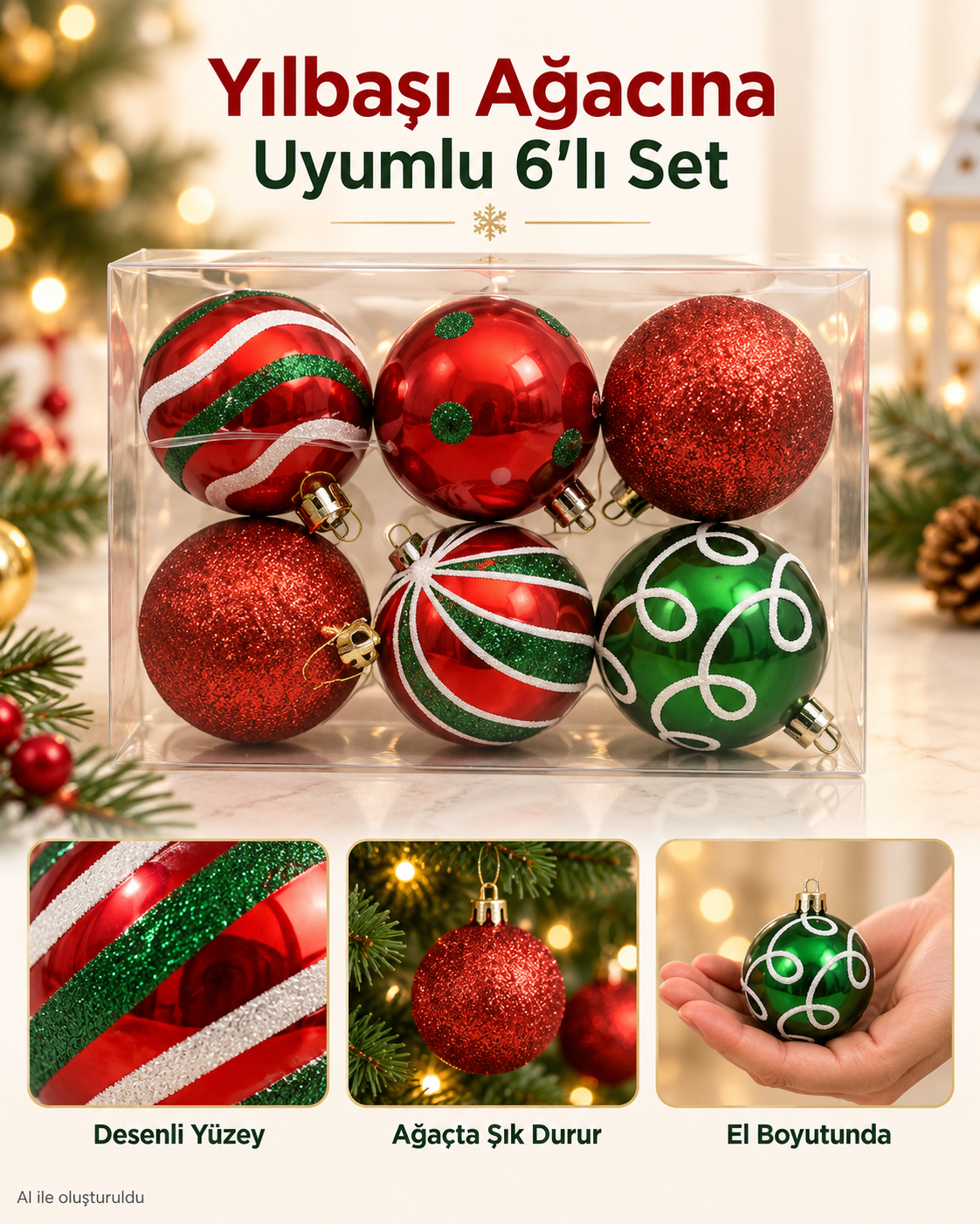 6 Adet Kırmızı Yeşil Beyaz Yılbaşı Ağacı Süsü – Desenli Noel Topu Seti, Dekoratif Yılbaşı Süsleri