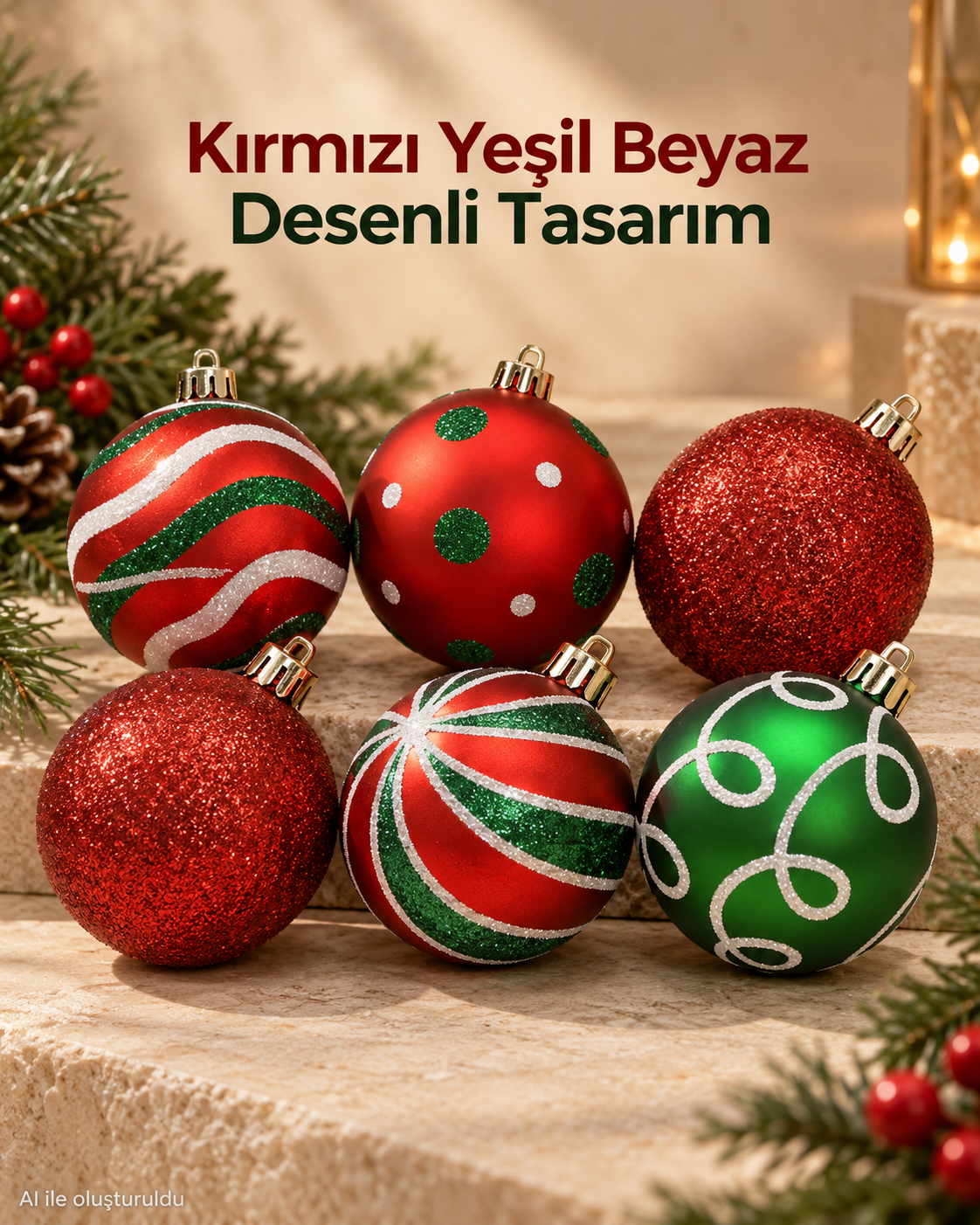 6 Adet Kırmızı Yeşil Beyaz Yılbaşı Ağacı Süsü – Desenli Noel Topu Seti, Dekoratif Yılbaşı Süsleri