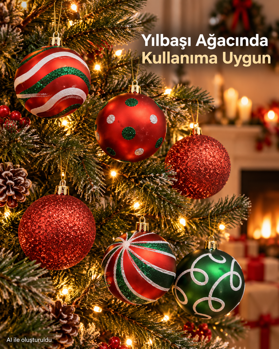 6 Adet Kırmızı Yeşil Beyaz Yılbaşı Ağacı Süsü – Desenli Noel Topu Seti, Dekoratif Yılbaşı Süsleri