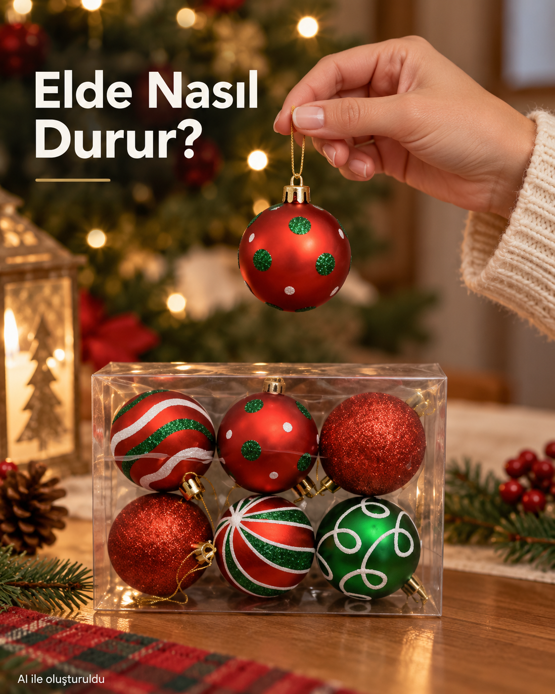 6 Adet Kırmızı Yeşil Beyaz Yılbaşı Ağacı Süsü – Desenli Noel Topu Seti, Dekoratif Yılbaşı Süsleri