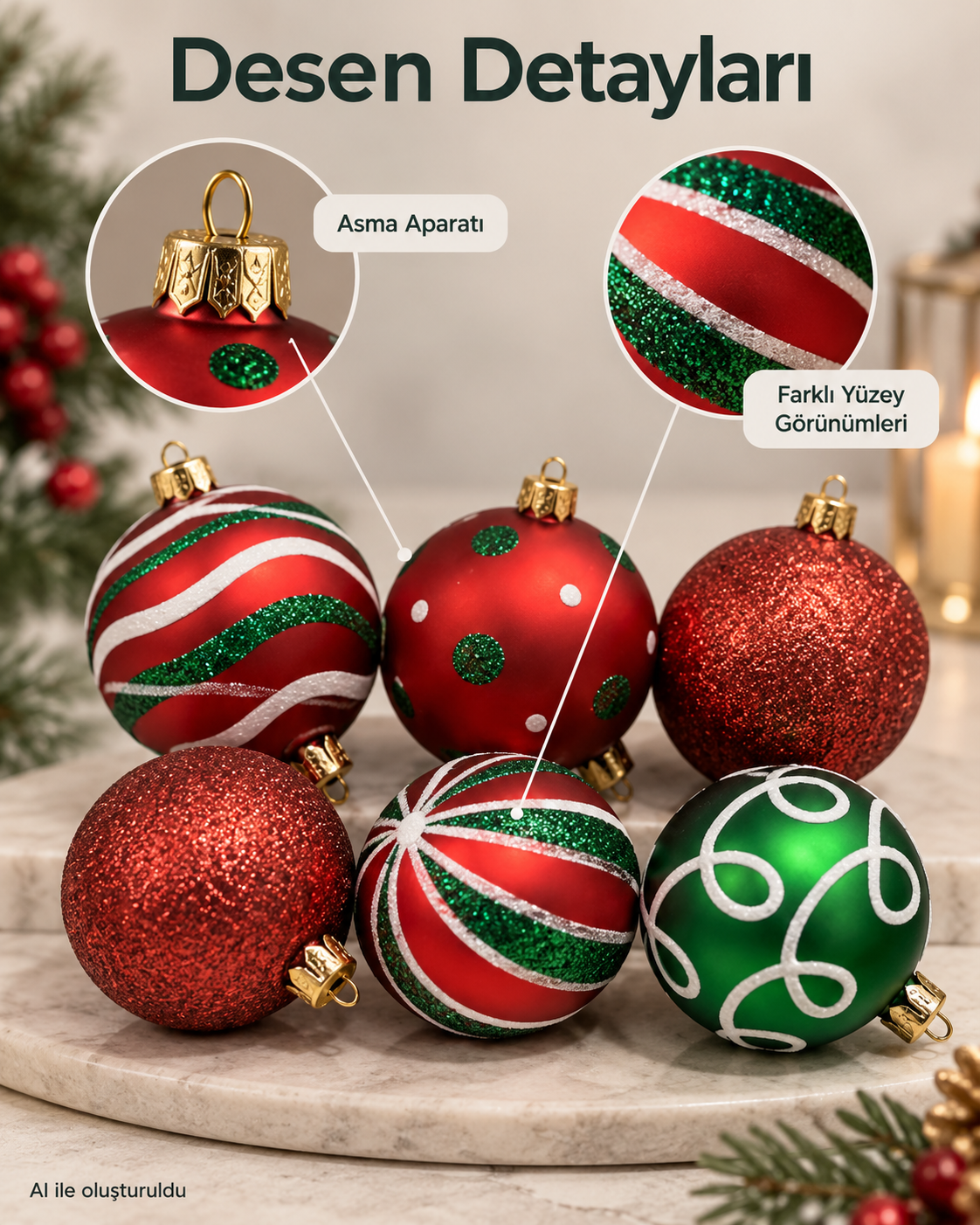 6 Adet Kırmızı Yeşil Beyaz Yılbaşı Ağacı Süsü – Desenli Noel Topu Seti, Dekoratif Yılbaşı Süsleri