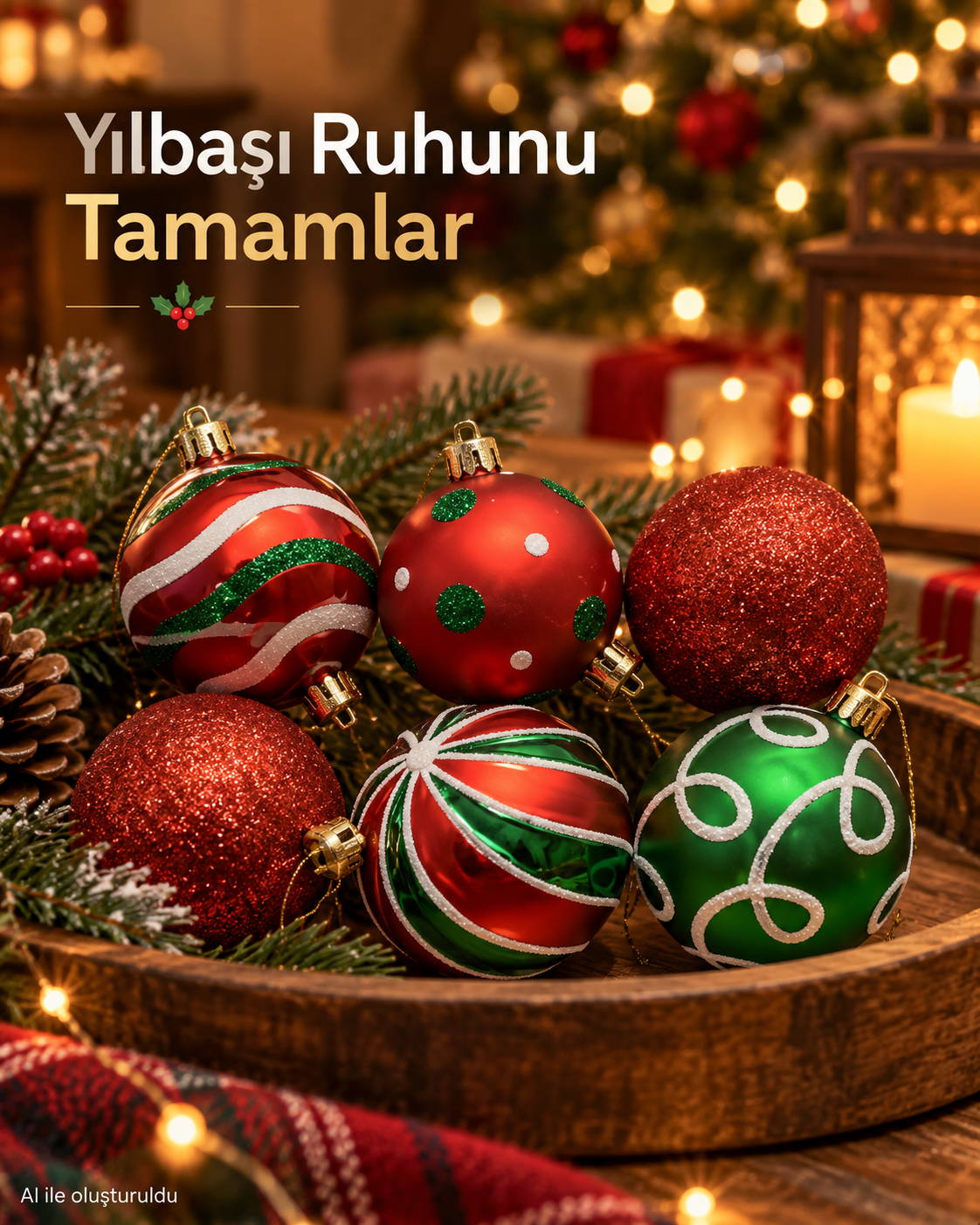 6 Adet Kırmızı Yeşil Beyaz Yılbaşı Ağacı Süsü – Desenli Noel Topu Seti, Dekoratif Yılbaşı Süsleri