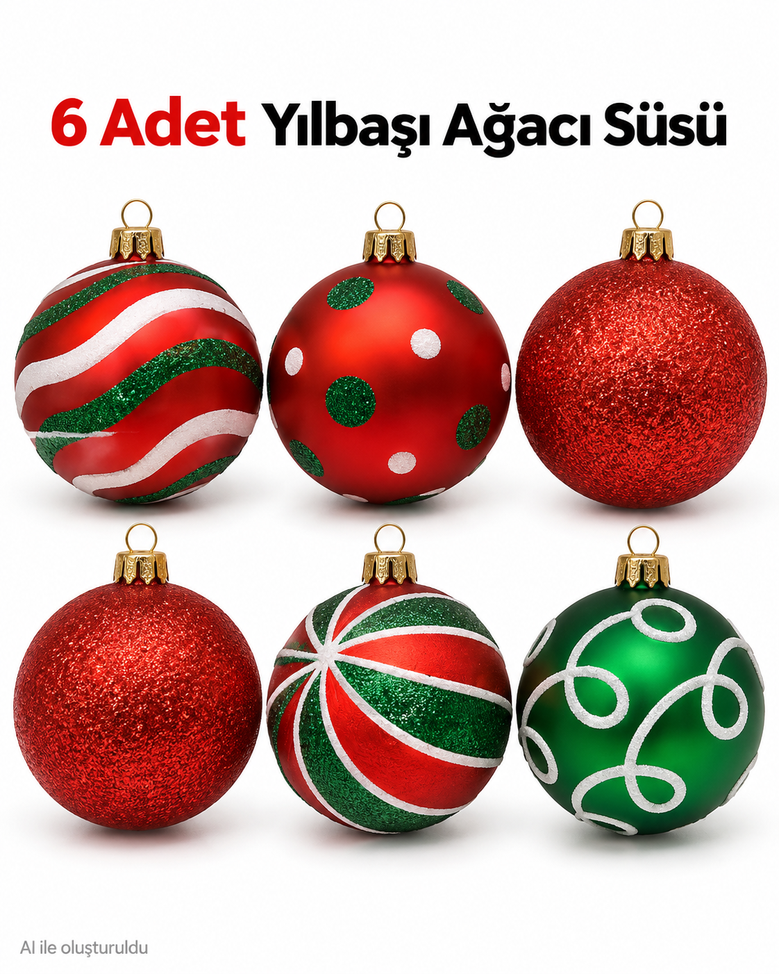 6 Adet Kırmızı Yeşil Beyaz Yılbaşı Ağacı Süsü – Desenli Noel Topu Seti, Dekoratif Yılbaşı Süsleri