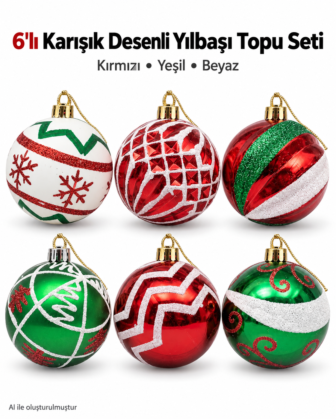 6’lı Kırmızı Yeşil Yılbaşı Topu Seti – Farklı Desenli Dekoratif Ağaç Süsleri