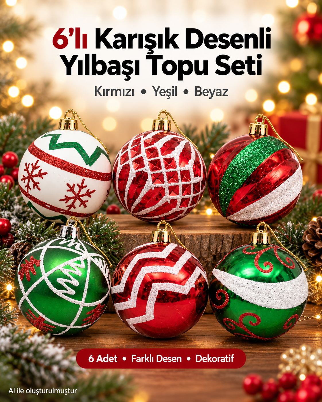 6’lı Kırmızı Yeşil Yılbaşı Topu Seti – Farklı Desenli Dekoratif Ağaç Süsleri