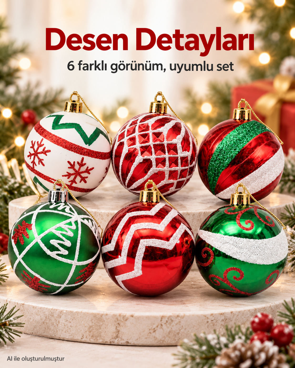 6’lı Kırmızı Yeşil Yılbaşı Topu Seti – Farklı Desenli Dekoratif Ağaç Süsleri