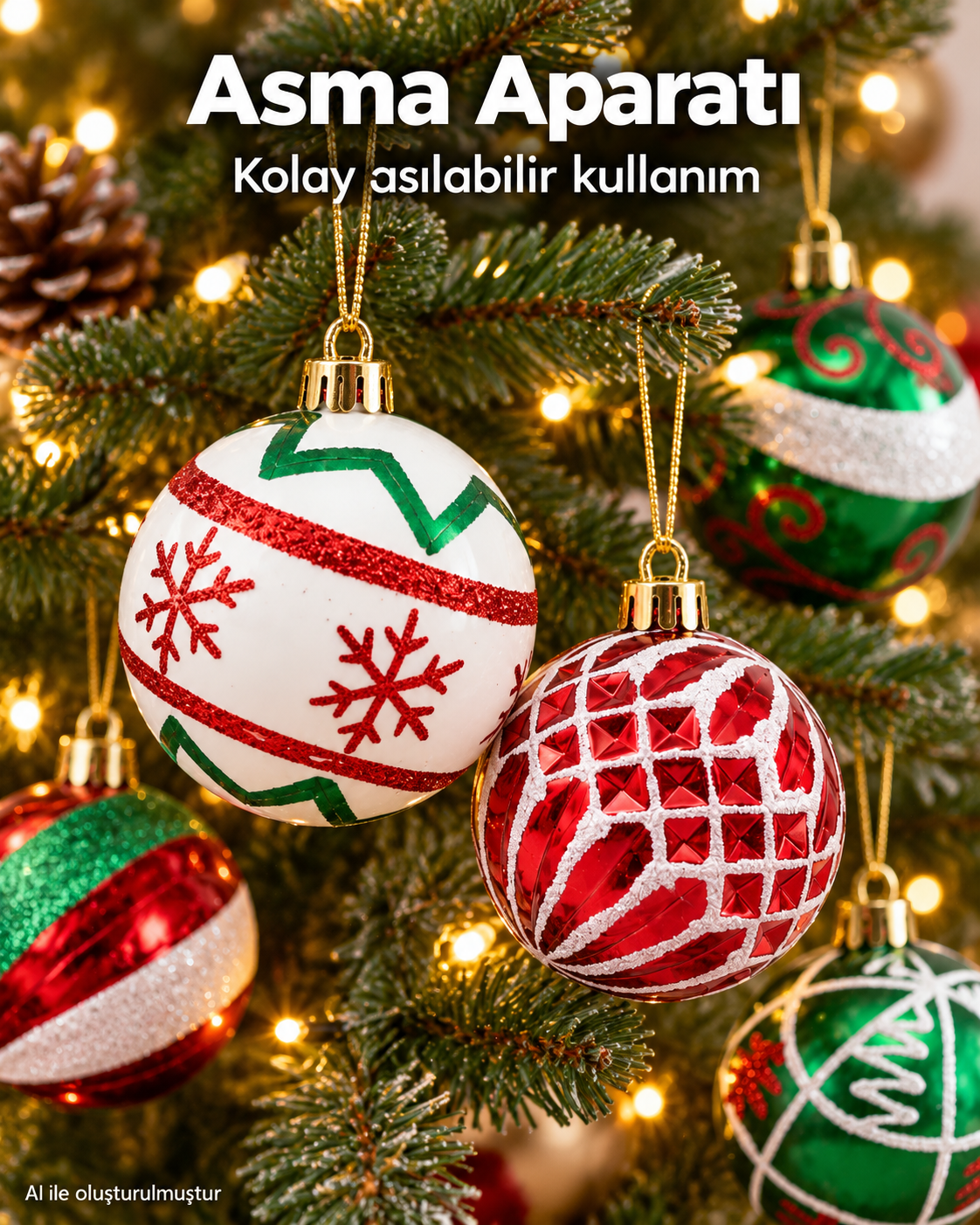 6’lı Kırmızı Yeşil Yılbaşı Topu Seti – Farklı Desenli Dekoratif Ağaç Süsleri