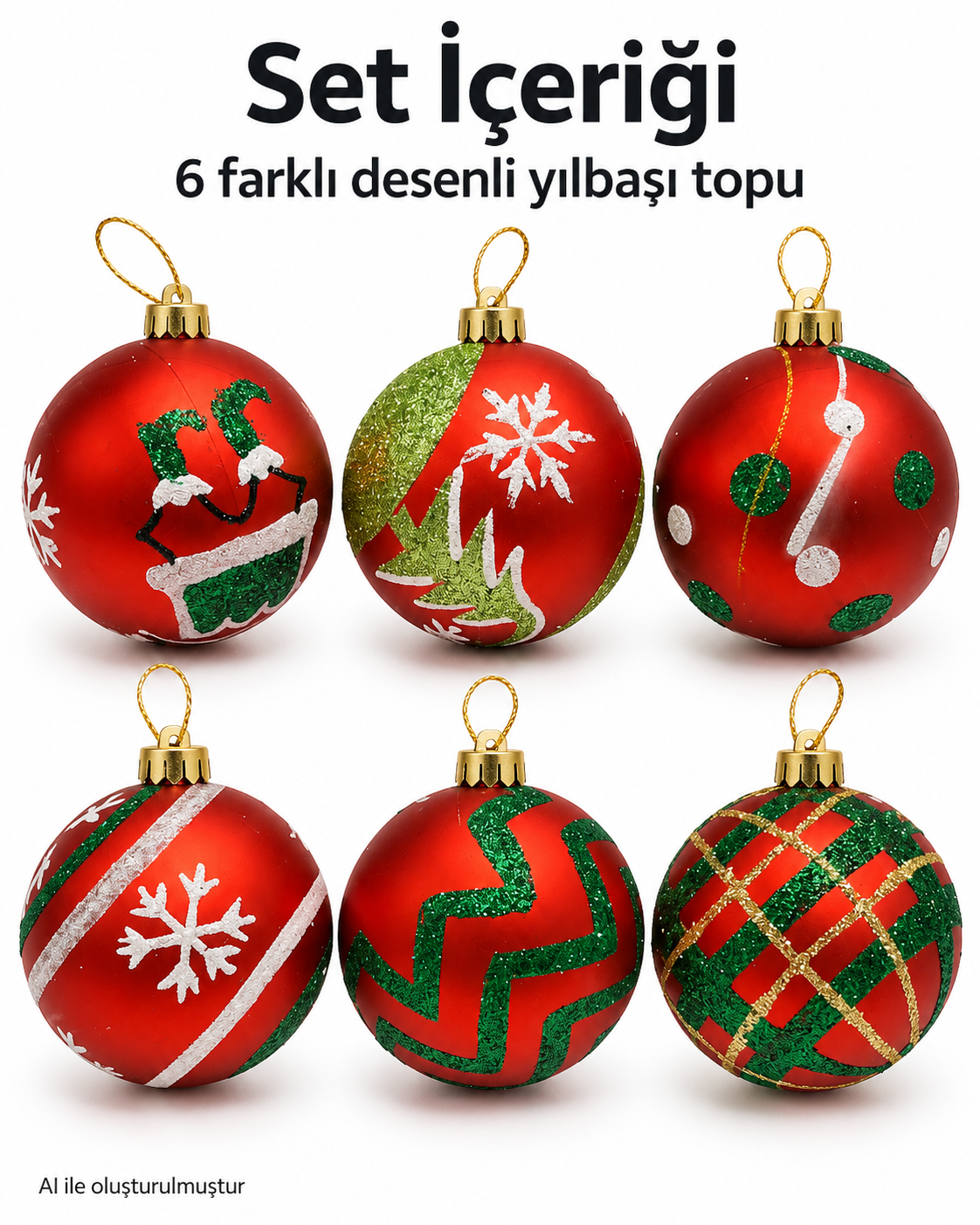 6’lı Karışık Desenli Yılbaşı Topu Seti – Kırmızı Yeşil Beyaz Noel Ağacı Süsleri
