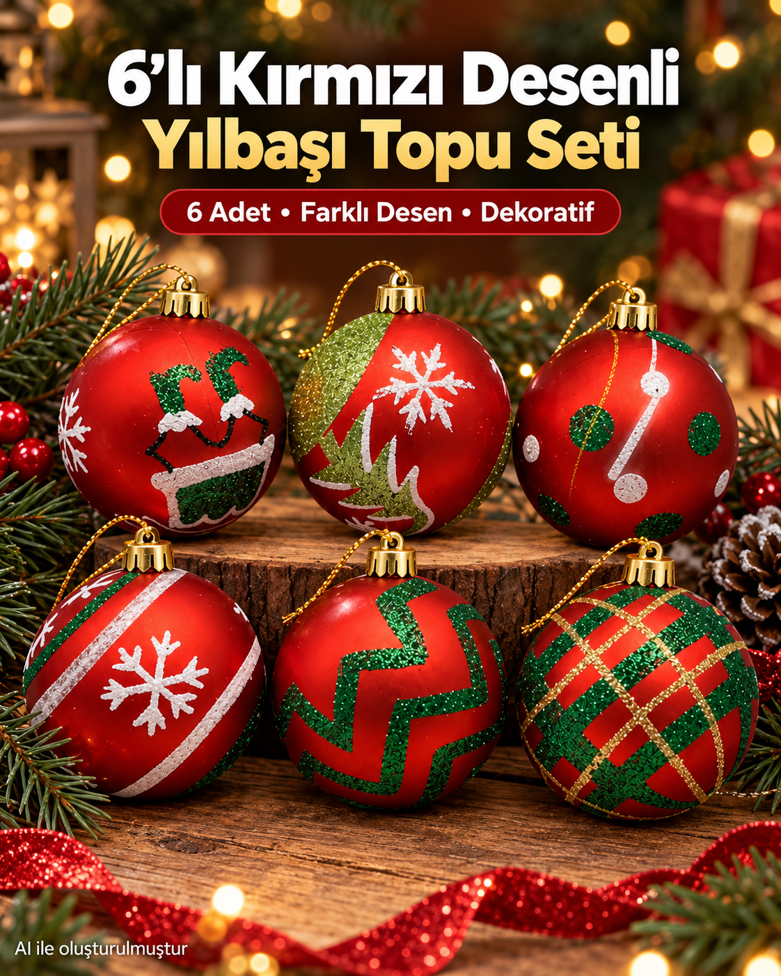 6’lı Karışık Desenli Yılbaşı Topu Seti – Kırmızı Yeşil Beyaz Noel Ağacı Süsleri
