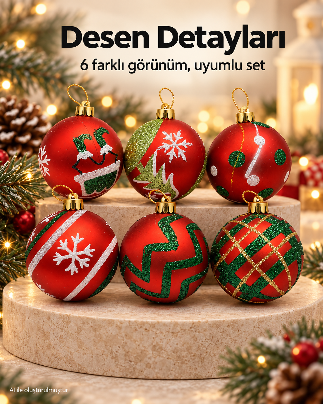 6’lı Karışık Desenli Yılbaşı Topu Seti – Kırmızı Yeşil Beyaz Noel Ağacı Süsleri