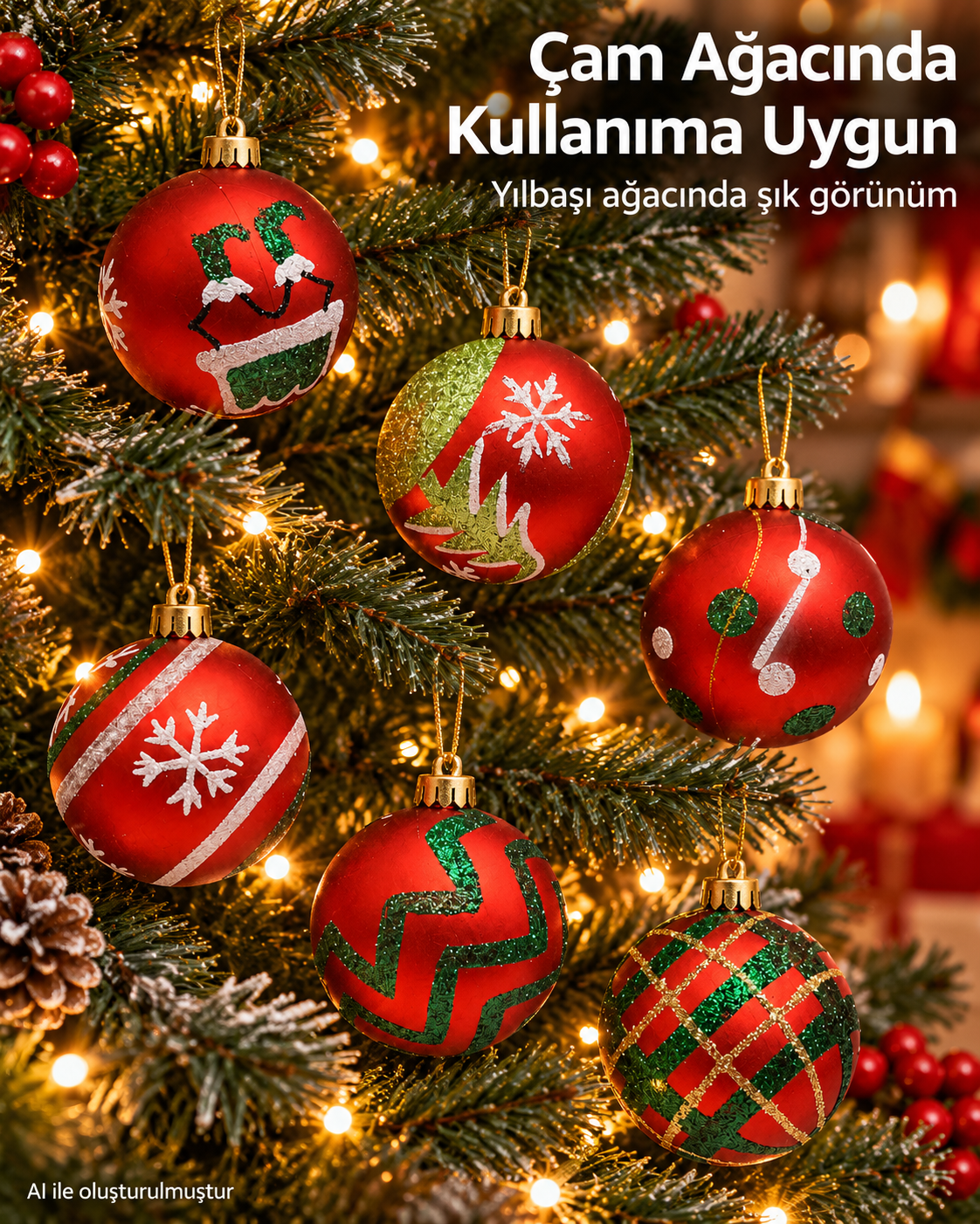 6’lı Karışık Desenli Yılbaşı Topu Seti – Kırmızı Yeşil Beyaz Noel Ağacı Süsleri