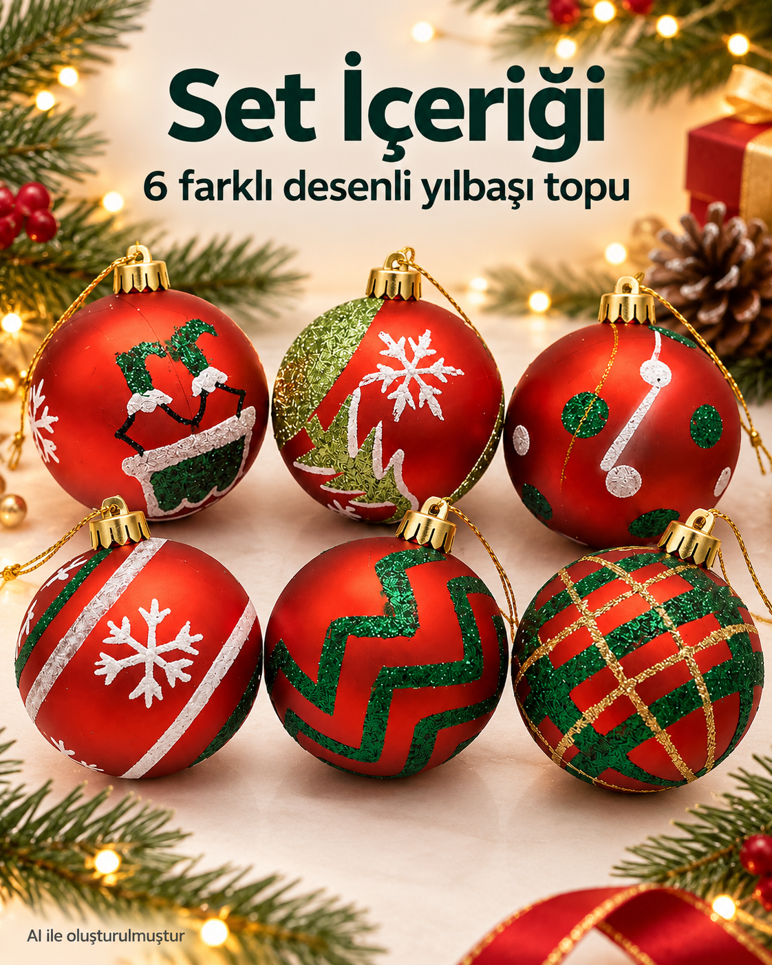 6’lı Karışık Desenli Yılbaşı Topu Seti – Kırmızı Yeşil Beyaz Noel Ağacı Süsleri