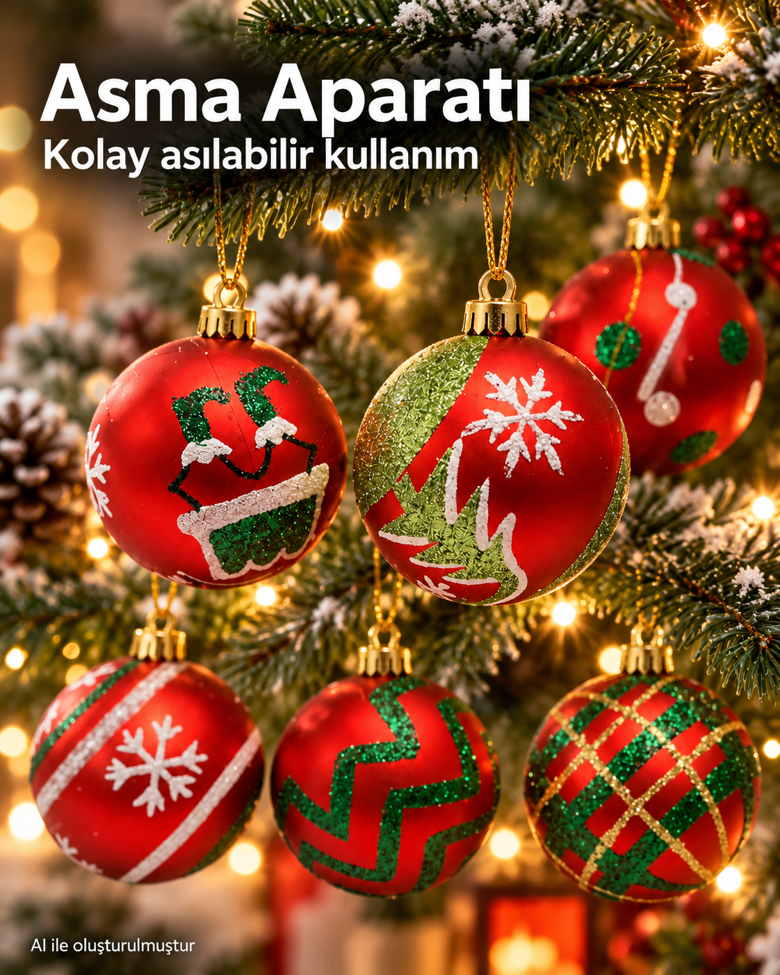 6’lı Karışık Desenli Yılbaşı Topu Seti – Kırmızı Yeşil Beyaz Noel Ağacı Süsleri