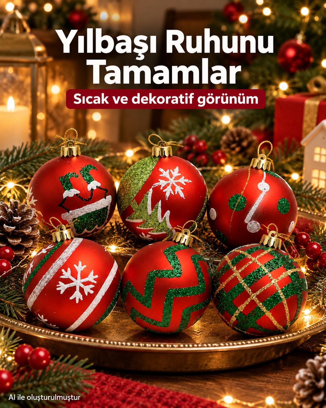 6’lı Karışık Desenli Yılbaşı Topu Seti – Kırmızı Yeşil Beyaz Noel Ağacı Süsleri