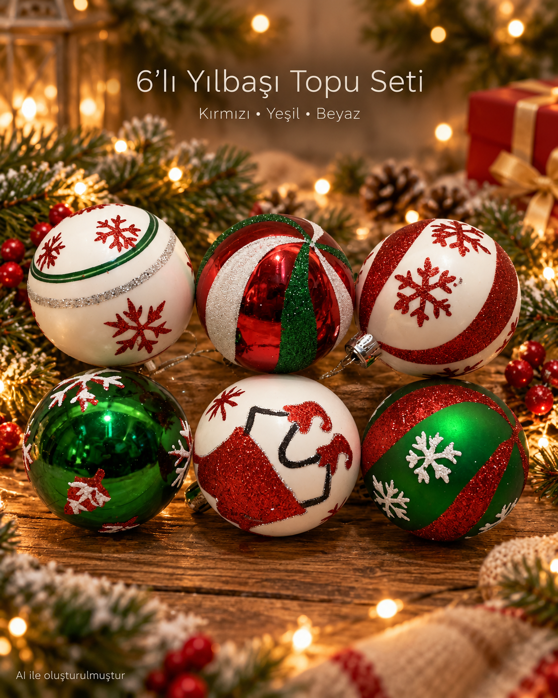6’lı Kırmızı Yeşil Beyaz Yılbaşı Topu Seti – Kar Tanesi ve Noel Baba Desenli Yılbaşı Ağacı Süsü, Noel Topu, Dekoratif Çam Ağacı Süsleri, Yılbaşı Dekorasyonu