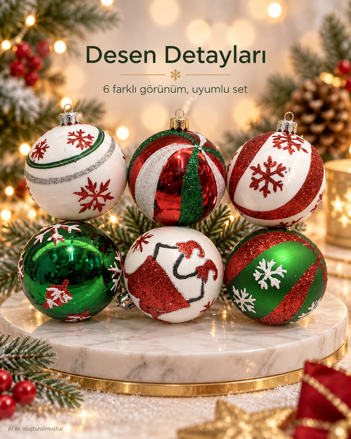 6’lı Kırmızı Yeşil Beyaz Yılbaşı Topu Seti – Kar Tanesi ve Noel Baba Desenli Yılbaşı Ağacı Süsü, Noel Topu, Dekoratif Çam Ağacı Süsleri, Yılbaşı Dekorasyonu
