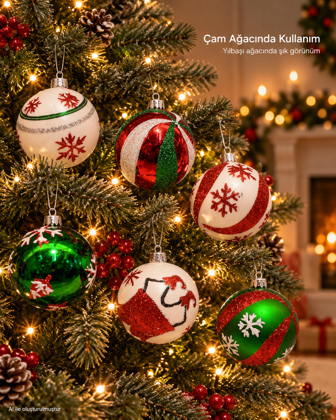 6’lı Kırmızı Yeşil Beyaz Yılbaşı Topu Seti – Kar Tanesi ve Noel Baba Desenli Yılbaşı Ağacı Süsü, Noel Topu, Dekoratif Çam Ağacı Süsleri, Yılbaşı Dekorasyonu