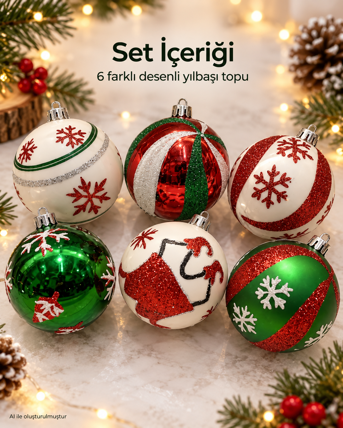 6’lı Kırmızı Yeşil Beyaz Yılbaşı Topu Seti – Kar Tanesi ve Noel Baba Desenli Yılbaşı Ağacı Süsü, Noel Topu, Dekoratif Çam Ağacı Süsleri, Yılbaşı Dekorasyonu
